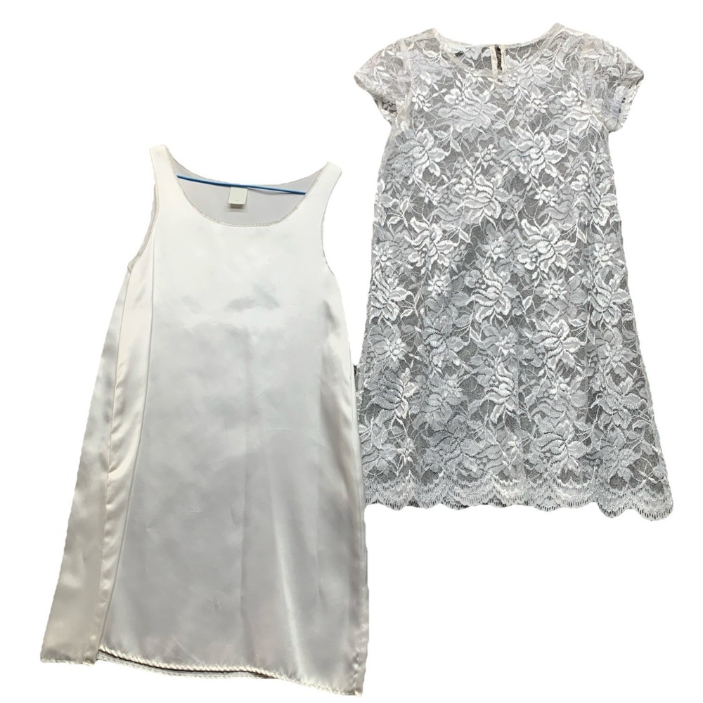 Vintage Jo Lene White Lace Flower Girls Dress W Satin Slip SZ 12 70's Wedding